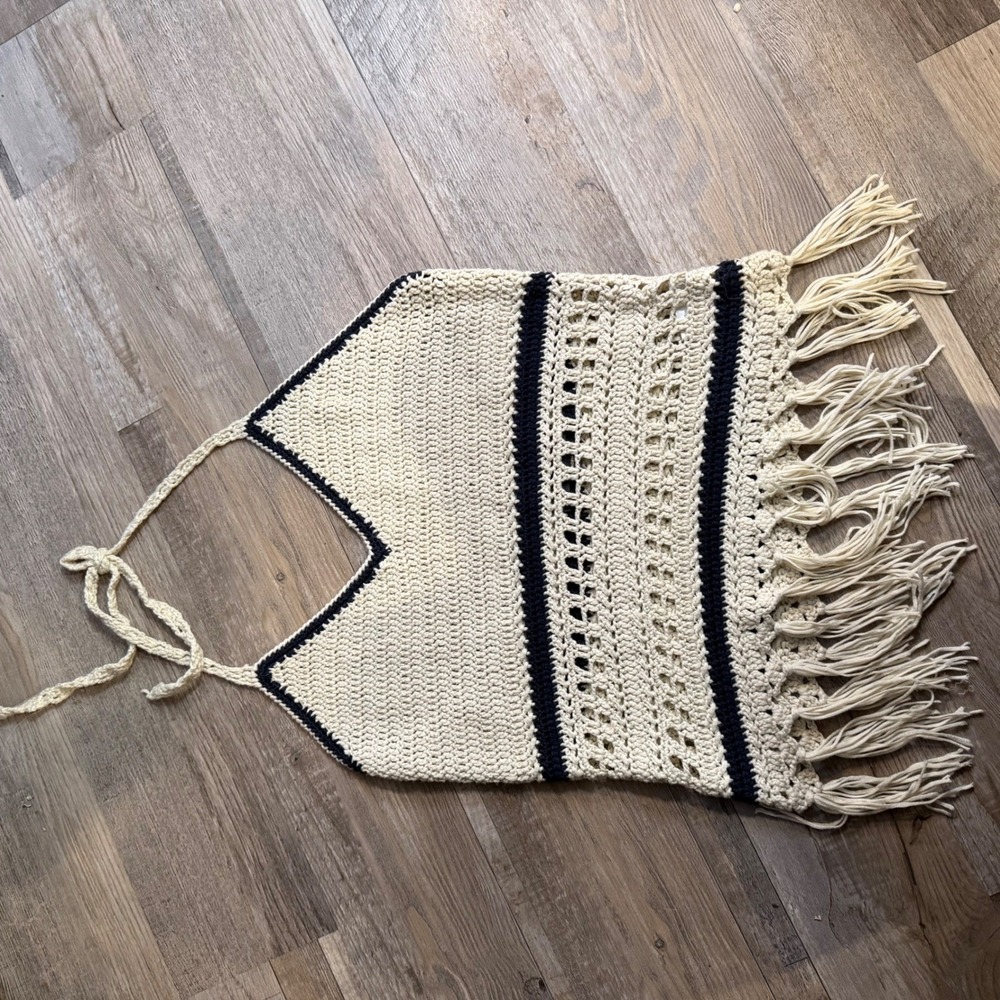 Lovemarks Womens Halter Top Crochet Fringe Striped Cream Navy Blue Medium